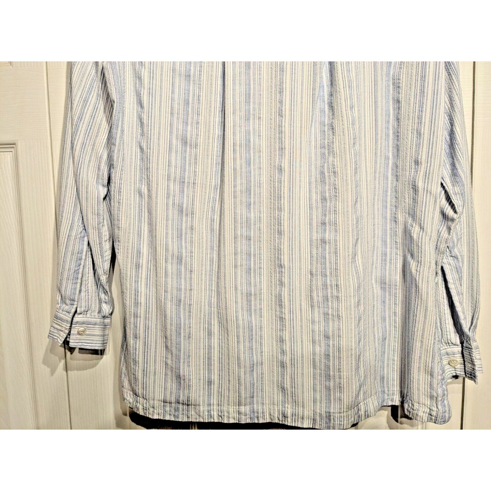 ATHLETA Womens Sz M Blue Stripe Button Pocket Curved Hem Viscose Roll Tab Sleeve - Picture 9 of 16
